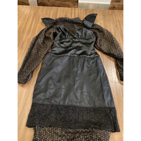 Fernando Sanchez Vintage brocade eyelet Long Sleeve black gold midi retro Dress - Picture 15 of 16